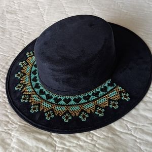 Navy Blue Hat with Beaded Art
